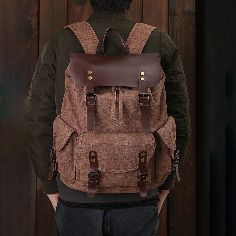 Männer Oil Wax Canvas Lässiger Wasserdichter Multi-pocket-rucksack Mit Großer Kapazität 15.6-zoll-laptoptasche Umhängetasche