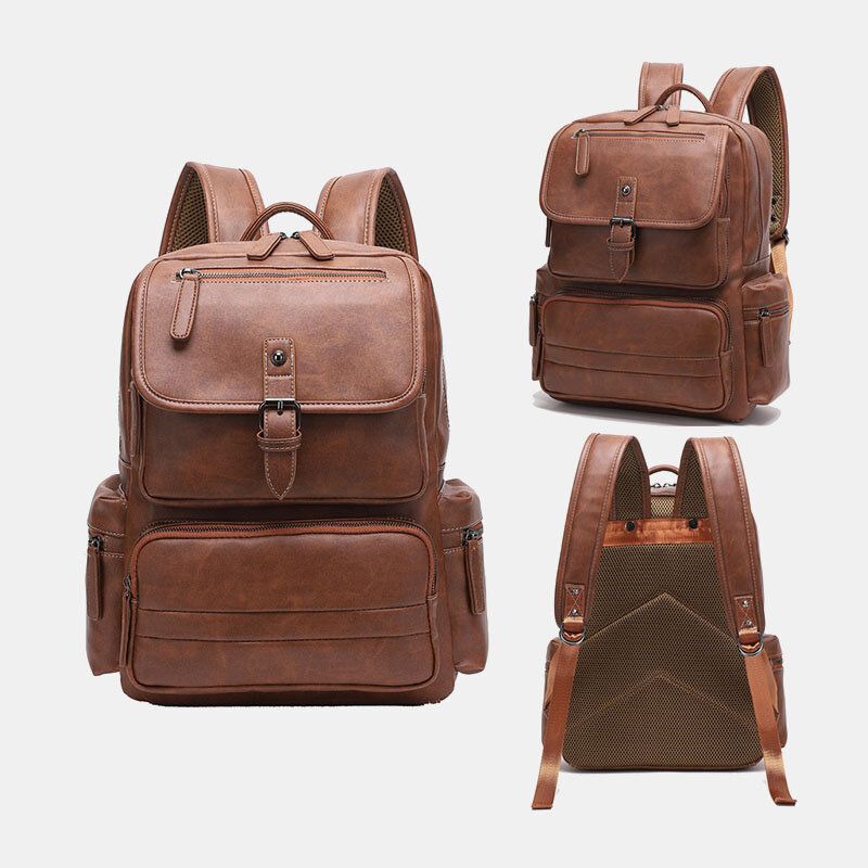 Männer Pu-leder Große Kapazität Multi-pocket Vintage 14 Zoll Laptoptasche Rucksack