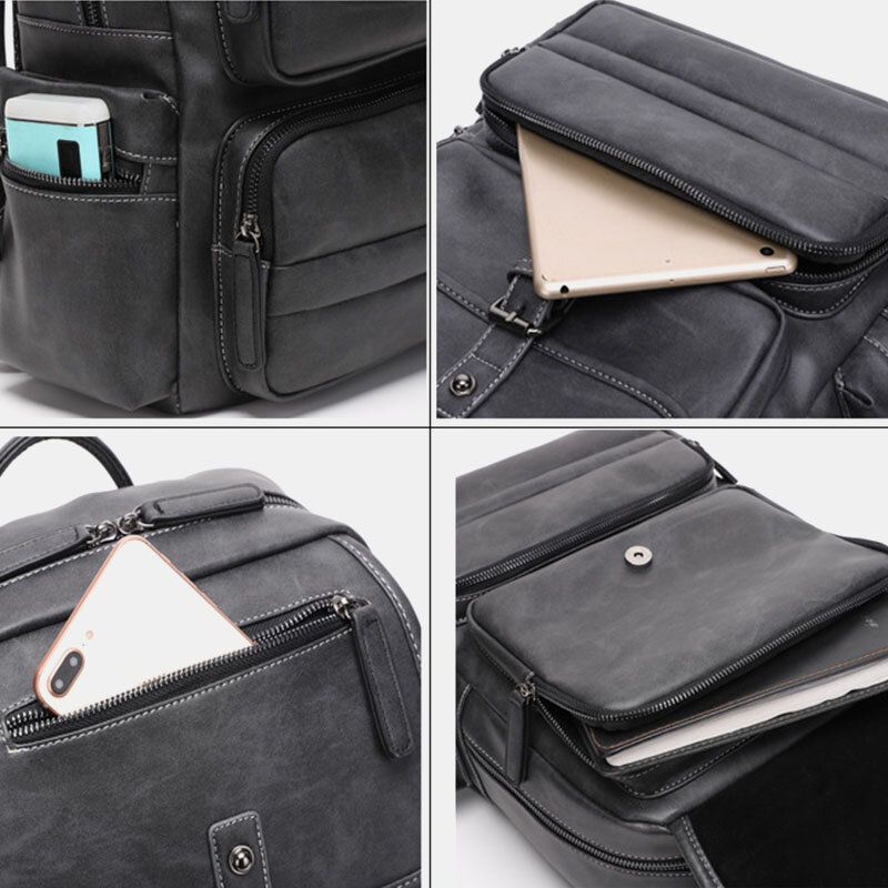 Männer Pu-leder Große Kapazität Multi-pocket Vintage 14 Zoll Laptoptasche Rucksack