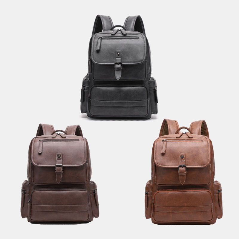 Männer Pu-leder Große Kapazität Multi-pocket Vintage 14 Zoll Laptoptasche Rucksack