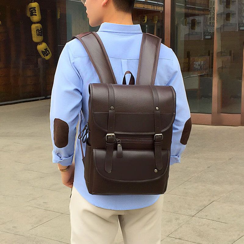 Männer Pu-leder Haspe Große Kapazität Rucksack Wasserdichte 15.6-zoll-laptoptasche Mit Mehreren Taschen Mode Wilde Reisetasche