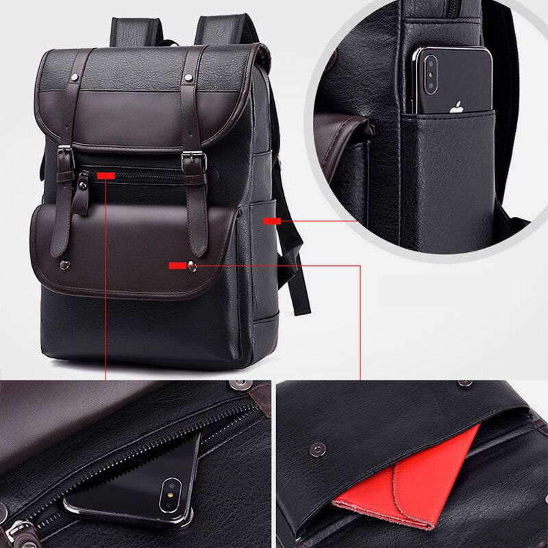 Männer Pu-leder Haspe Große Kapazität Rucksack Wasserdichte 15.6-zoll-laptoptasche Mit Mehreren Taschen Mode Wilde Reisetasche