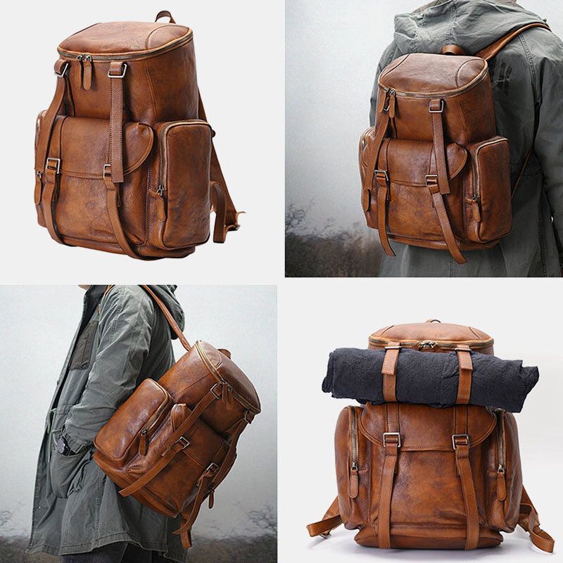 Männer Pu-leder Vintage Business Style Volltonfarbe Multi-pocket 15 Zoll Laptoptasche Reisetasche Rucksack