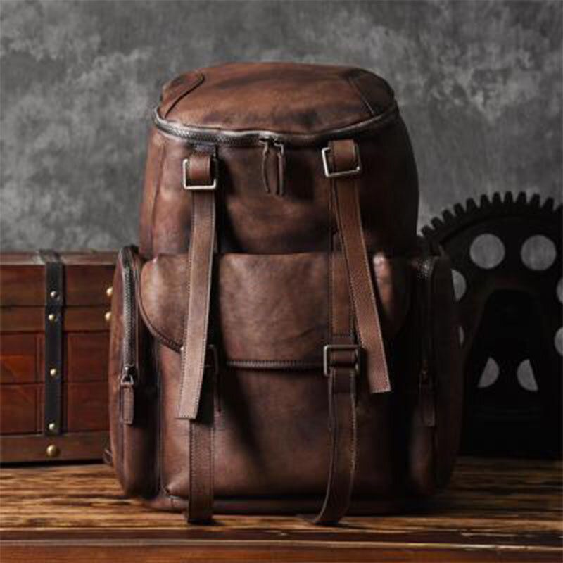 Männer Pu-leder Vintage Business Style Volltonfarbe Multi-pocket 15 Zoll Laptoptasche Reisetasche Rucksack