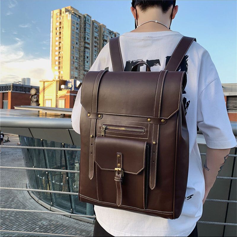 Männer Retro Pu Weiches Leder Große Kapazität Rucksack Wasserdichte Atmungsaktive Fronttasche Design Umhängetasche