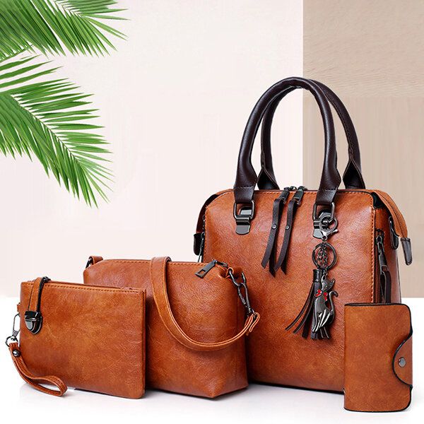 4 Stück Damen Kunstleder Handtasche Vintage Elegante Multifunktions Umhängetasche