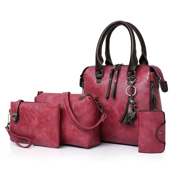 4 Stück Damen Kunstleder Handtasche Vintage Elegante Multifunktions Umhängetasche