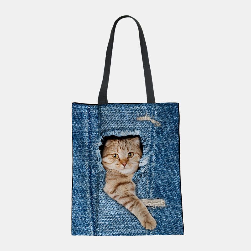 Damen Canvas Breaking Hole Denim 3d Niedliche Katze Hund Muster Casual Outdoor Handtasche Umhängetasche Tote