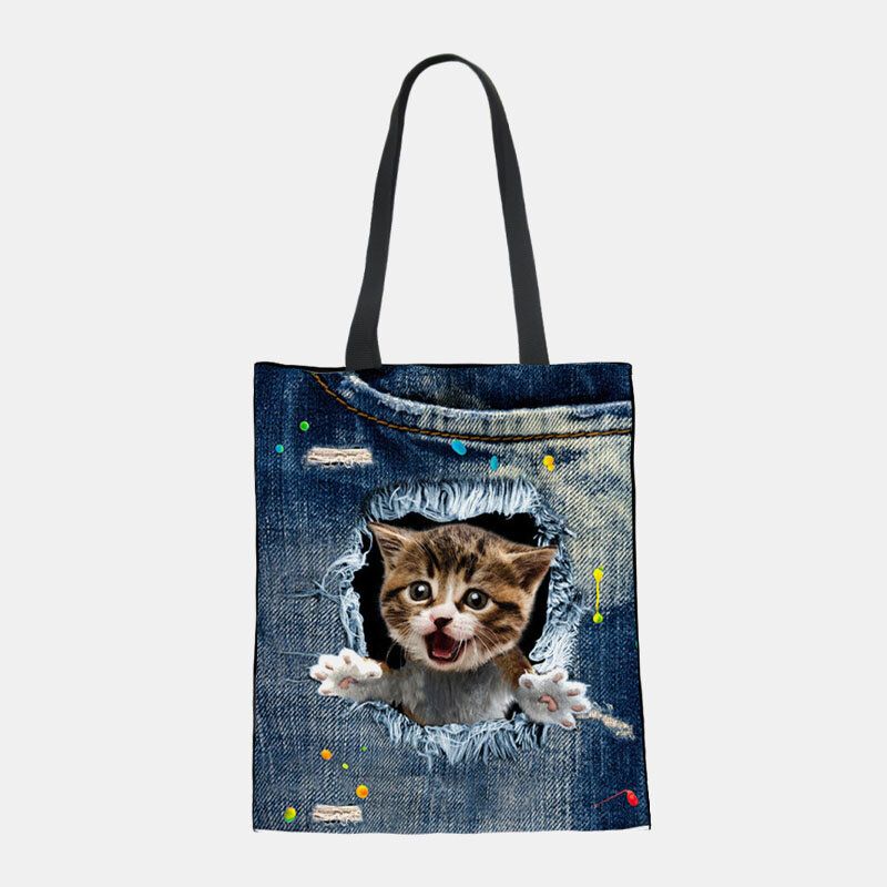 Damen Canvas Breaking Hole Denim 3d Niedliche Katze Hund Muster Casual Outdoor Handtasche Umhängetasche Tote