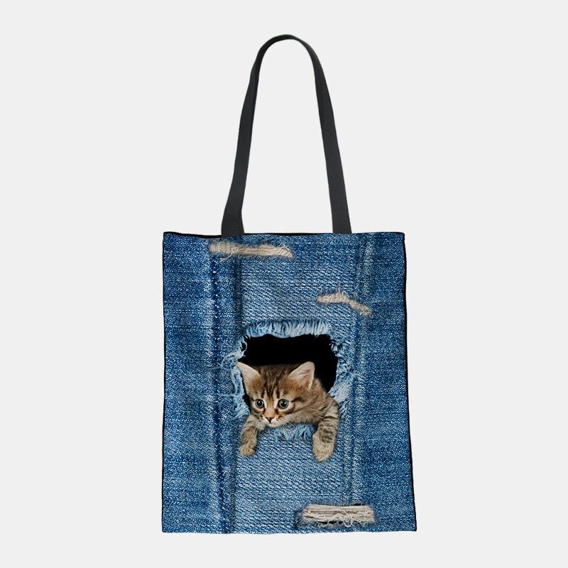 Damen Canvas Breaking Hole Denim 3d Niedliche Katze Hund Muster Casual Outdoor Handtasche Umhängetasche Tote