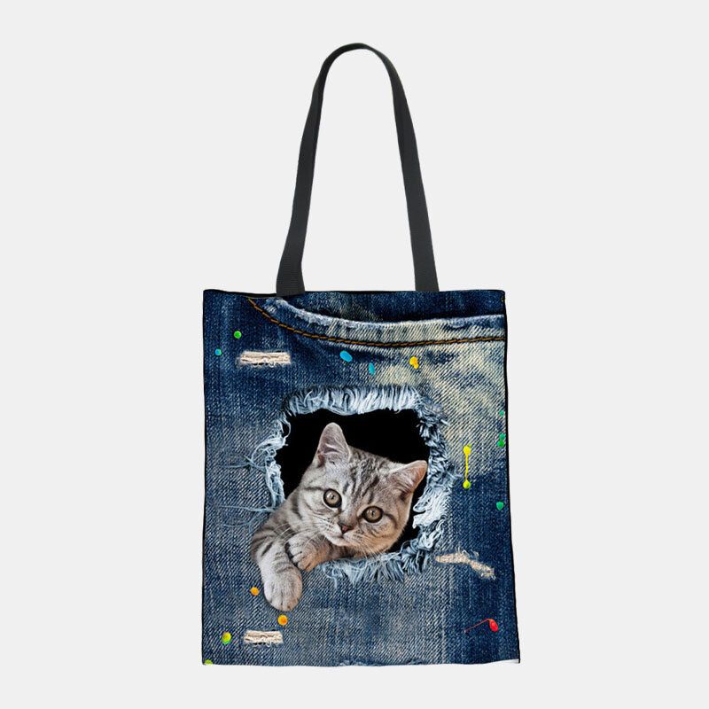 Damen Canvas Breaking Hole Denim 3d Niedliche Katze Hund Muster Casual Outdoor Handtasche Umhängetasche Tote