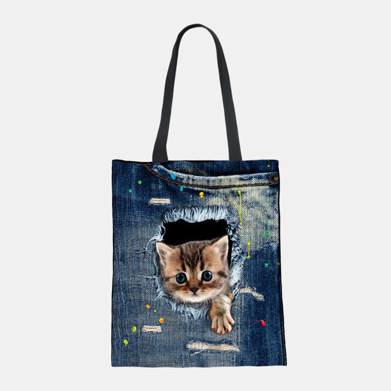 Damen Canvas Breaking Hole Denim 3d Niedliche Katze Hund Muster Casual Outdoor Handtasche Umhängetasche Tote