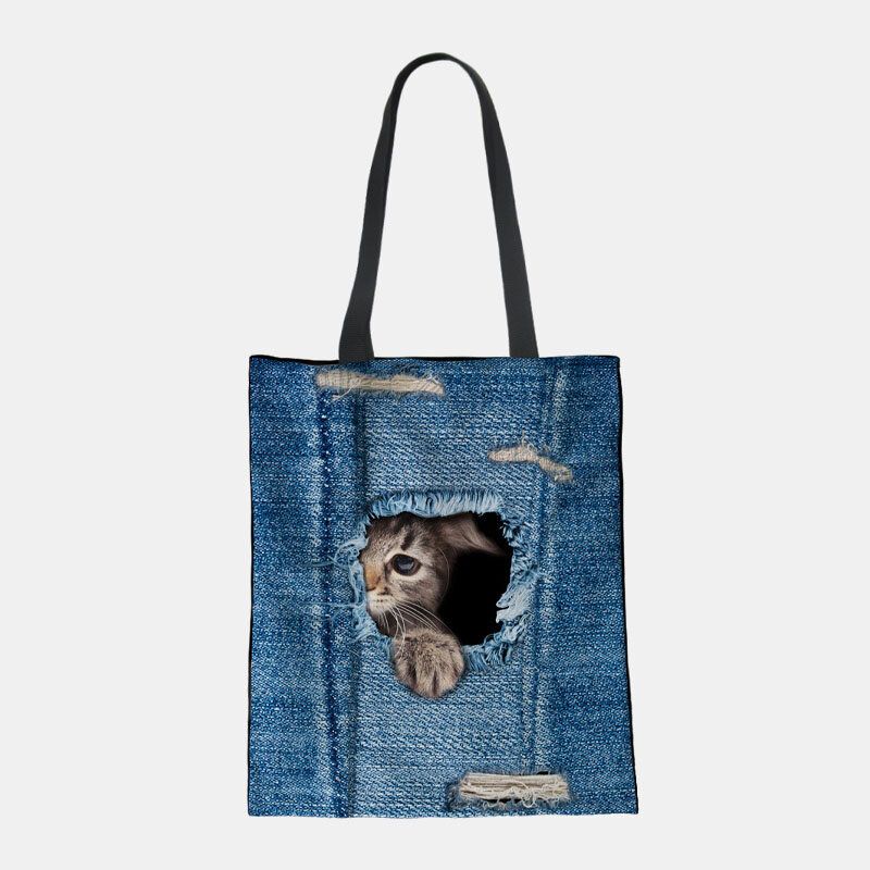 Damen Canvas Breaking Hole Denim 3d Niedliche Katze Hund Muster Casual Outdoor Handtasche Umhängetasche Tote