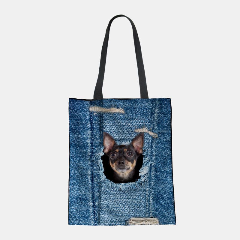 Damen Canvas Breaking Hole Denim 3d Niedliche Katze Hund Muster Casual Outdoor Handtasche Umhängetasche Tote