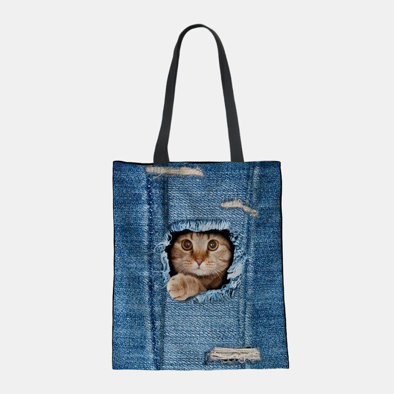 Damen Canvas Breaking Hole Denim 3d Niedliche Katze Hund Muster Casual Outdoor Handtasche Umhängetasche Tote