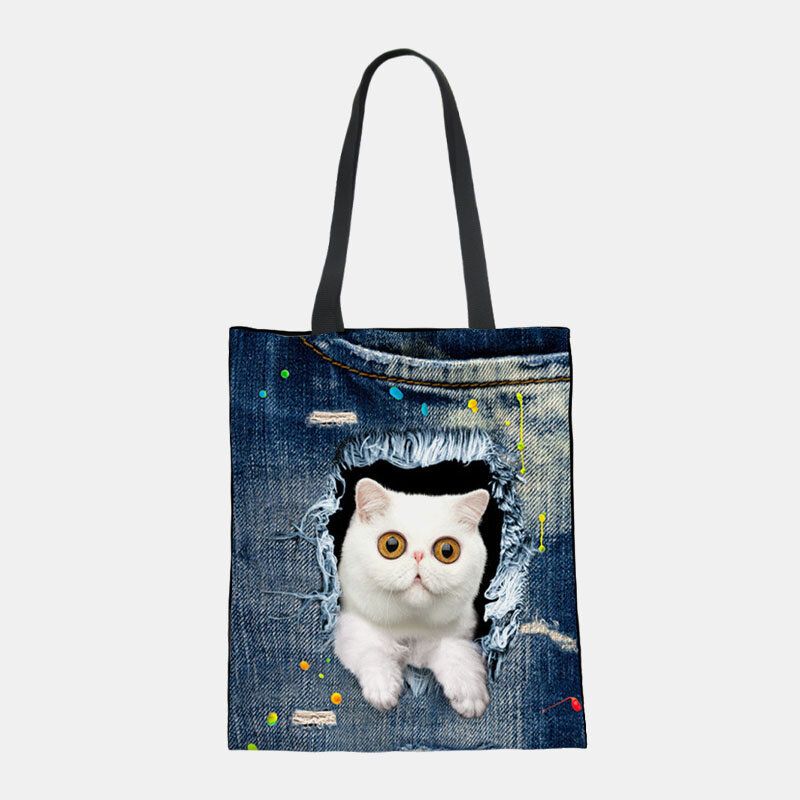 Damen Canvas Breaking Hole Denim 3d Niedliche Katze Hund Muster Casual Outdoor Handtasche Umhängetasche Tote