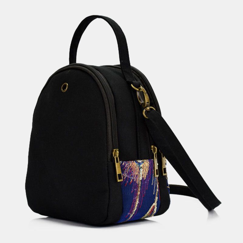 Damen Canvas Ethno-stil Stickerei Pfauenmuster Pailletten Mini Multi-carry Handtasche Umhängetasche