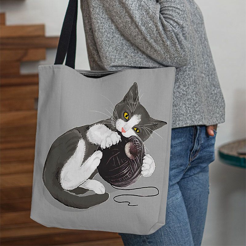 Damen Filz Niedliche Cartoon Katze Spielt Wollknäuel Druckmuster Lässige Umhängetasche Handtasche Tote