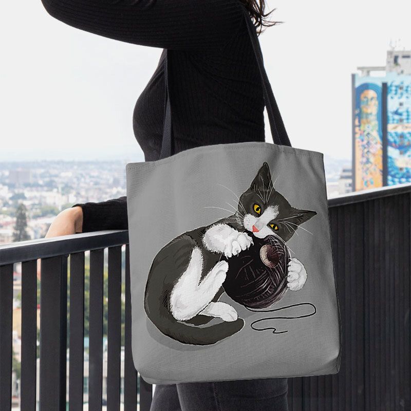 Damen Filz Niedliche Cartoon Katze Spielt Wollknäuel Druckmuster Lässige Umhängetasche Handtasche Tote