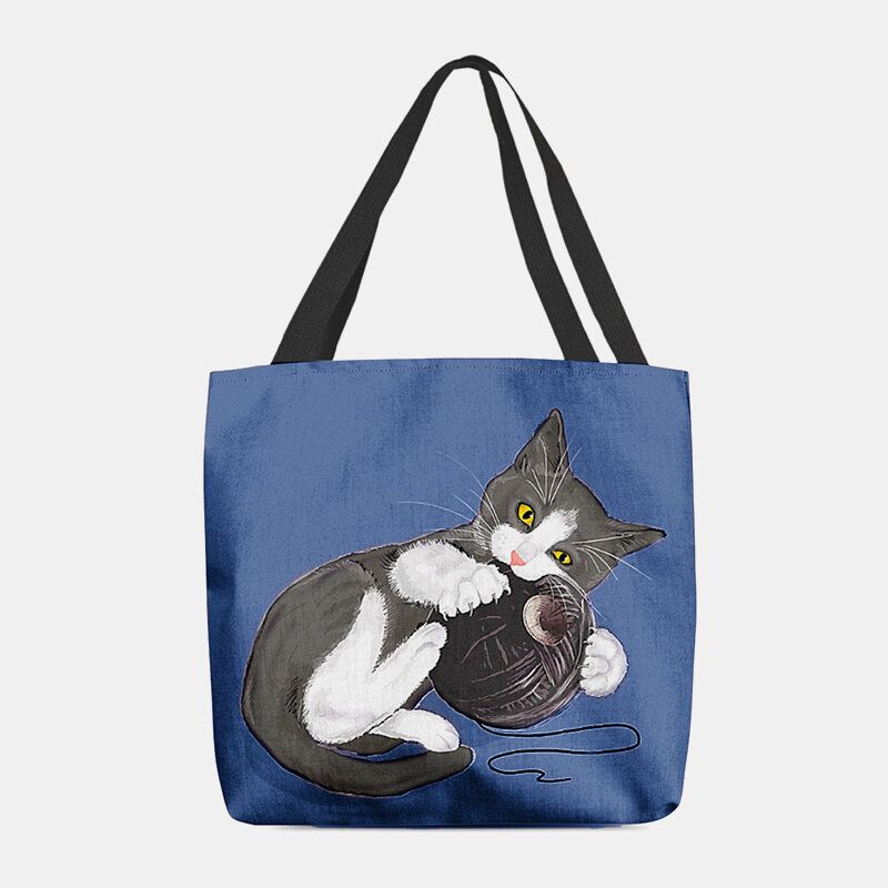 Damen Filz Niedliche Cartoon Katze Spielt Wollknäuel Druckmuster Lässige Umhängetasche Handtasche Tote