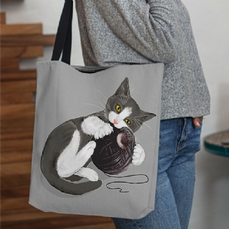 Damen Filz Niedliche Cartoon Katze Spielt Wollknäuel Druckmuster Lässige Umhängetasche Handtasche Tote