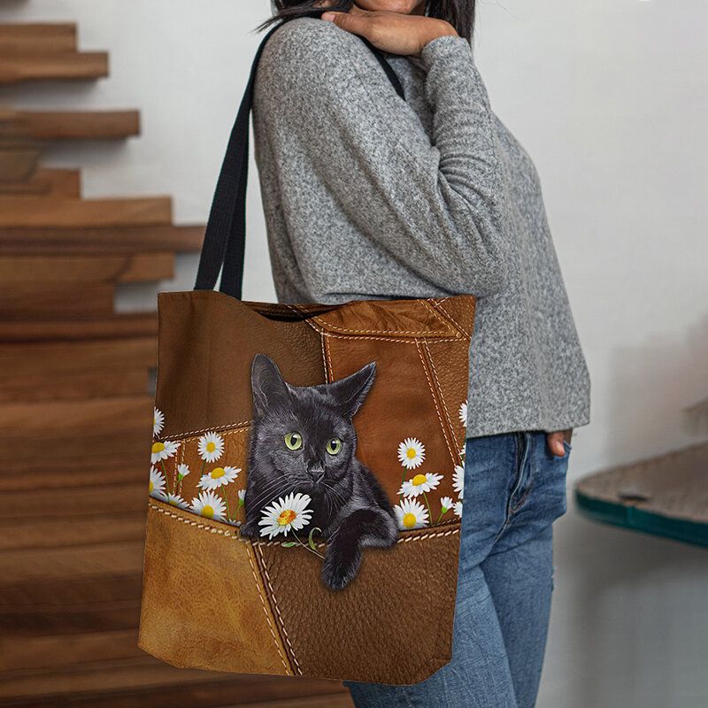 Damen Fühlte Sich Niedlich 3d Dreidimensionale Schwarze Katze Gänseblümchen Muster Umhängetasche Handtasche Tote