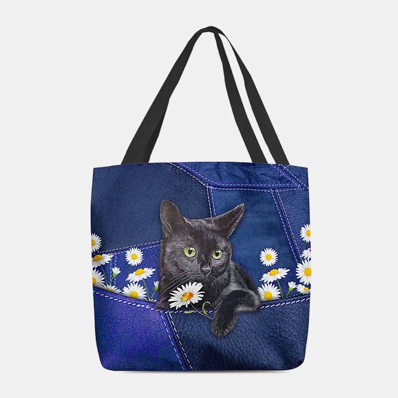 Damen Fühlte Sich Niedlich 3d Dreidimensionale Schwarze Katze Gänseblümchen Muster Umhängetasche Handtasche Tote