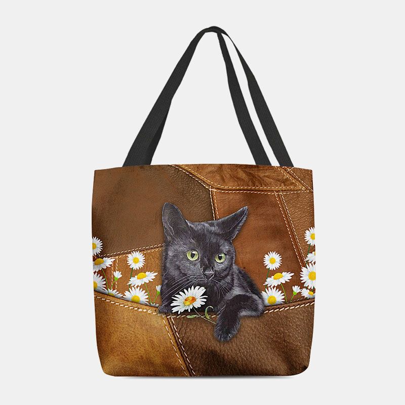 Damen Fühlte Sich Niedlich 3d Dreidimensionale Schwarze Katze Gänseblümchen Muster Umhängetasche Handtasche Tote