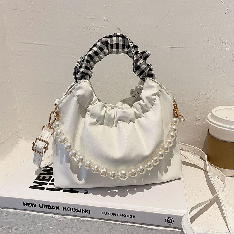 Damen Perlen Kette Faltentasche Design Handtasche Abnehmbarer Schultergurt Unterarmtasche Umhängetasche Umhängetasche