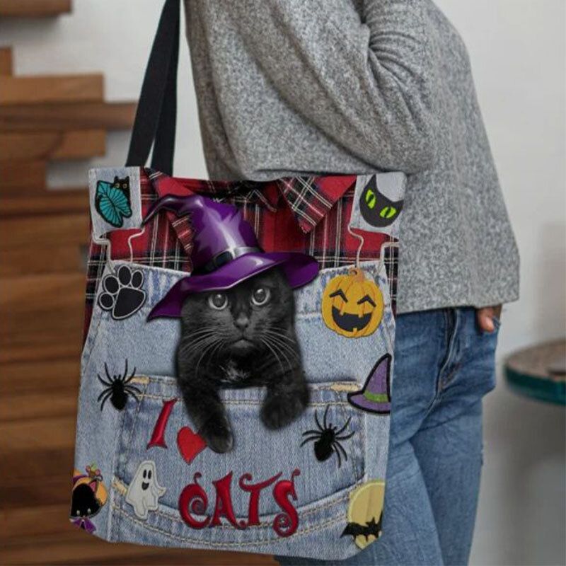 Frauen Canvas Magic Hat Dreidimensionale 3d-nette Schwarze Katze Handtasche Tote Umhängetasche