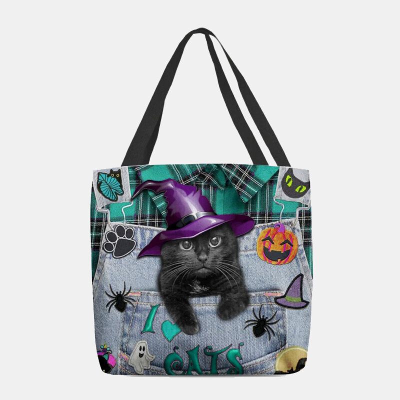 Frauen Canvas Magic Hat Dreidimensionale 3d-nette Schwarze Katze Handtasche Tote Umhängetasche