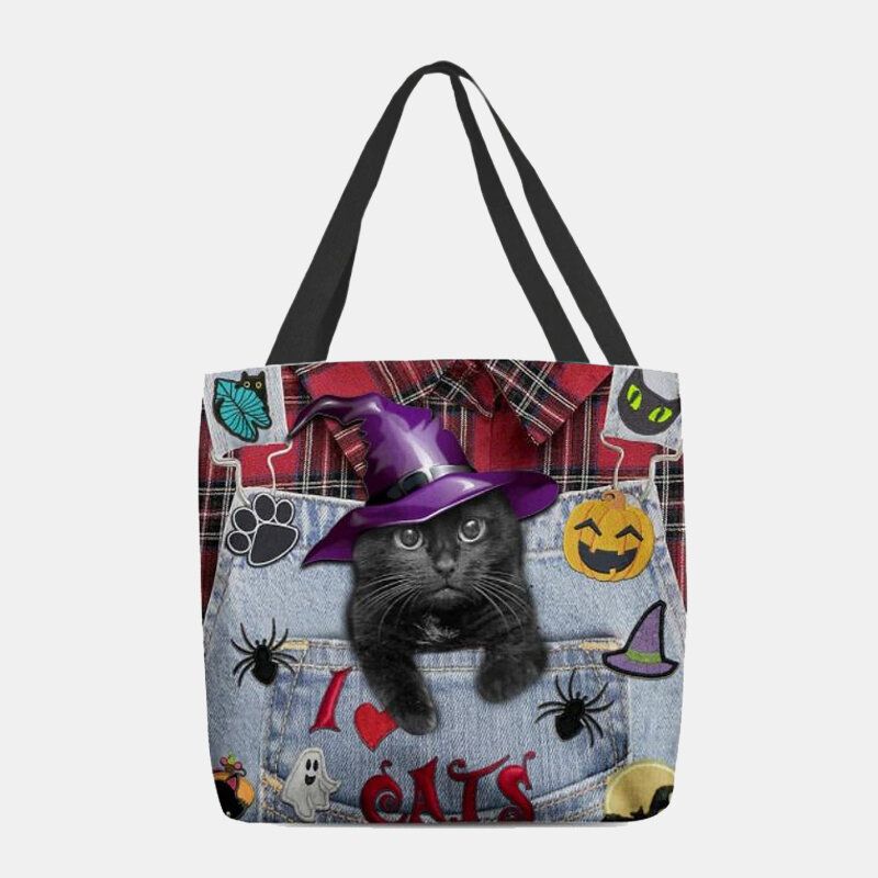 Frauen Canvas Magic Hat Dreidimensionale 3d-nette Schwarze Katze Handtasche Tote Umhängetasche