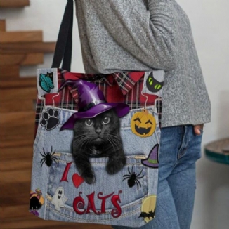 Frauen Canvas Magic Hat Dreidimensionale 3d-nette Schwarze Katze Handtasche Tote Umhängetasche