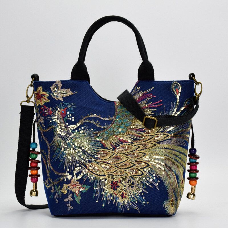 Frauen Canvas Stickerei Pfau Muster Ethnic Style Multi-carry Handtasche Umhängetasche Umhängetasche