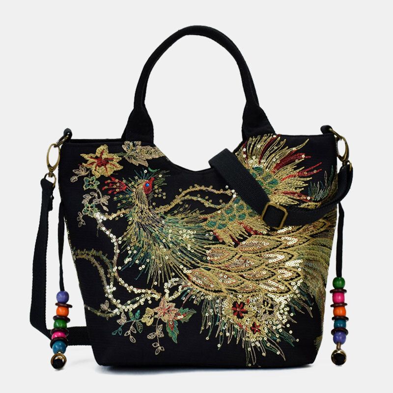 Frauen Canvas Stickerei Pfau Muster Ethnic Style Multi-carry Handtasche Umhängetasche Umhängetasche