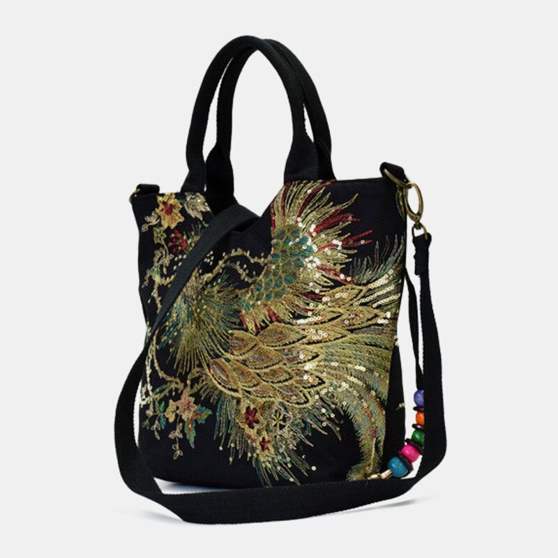 Frauen Canvas Stickerei Pfau Muster Ethnic Style Multi-carry Handtasche Umhängetasche Umhängetasche