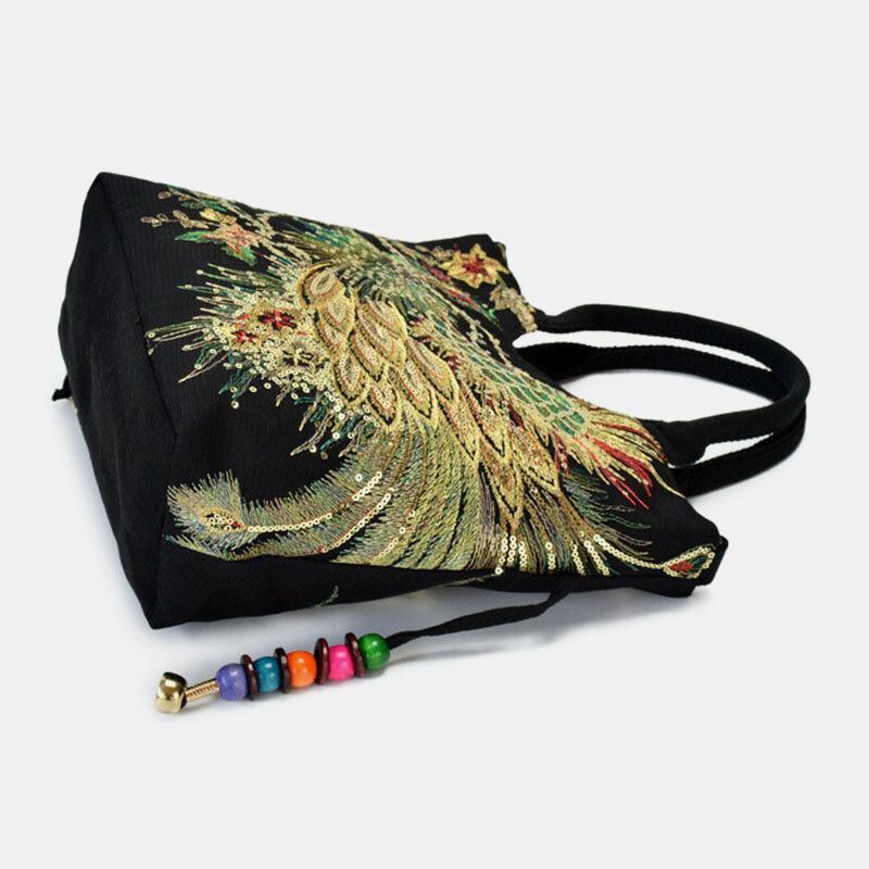 Frauen Canvas Stickerei Pfau Muster Ethnic Style Multi-carry Handtasche Umhängetasche Umhängetasche