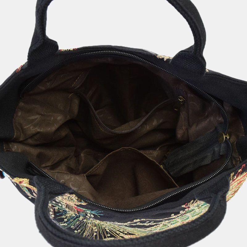 Frauen Canvas Stickerei Pfau Muster Ethnic Style Multi-carry Handtasche Umhängetasche Umhängetasche