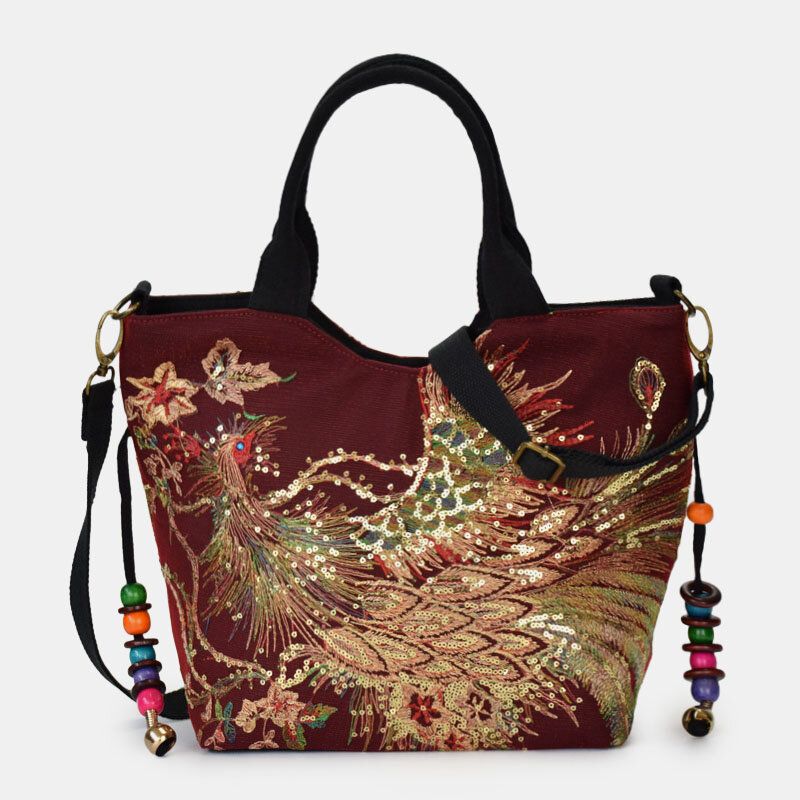 Frauen Canvas Stickerei Pfau Muster Ethnic Style Multi-carry Handtasche Umhängetasche Umhängetasche