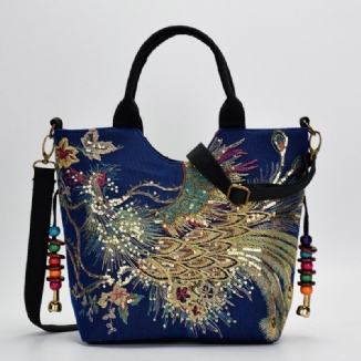 Frauen Canvas Stickerei Pfau Muster Ethnic Style Multi-carry Handtasche Umhängetasche Umhängetasche