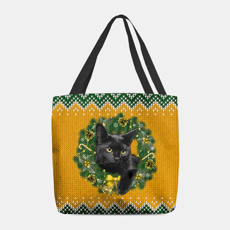 Frauen Filz Cartoon Festliche Klassische Farbe Weihnachtskranz Katze Muster Umhängetasche Handtasche Tote