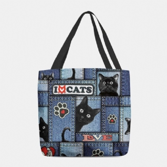 Frauen Filz Cartoon Schwarze Katze Gitterrahmen Muster Umhängetasche Handtasche Tote