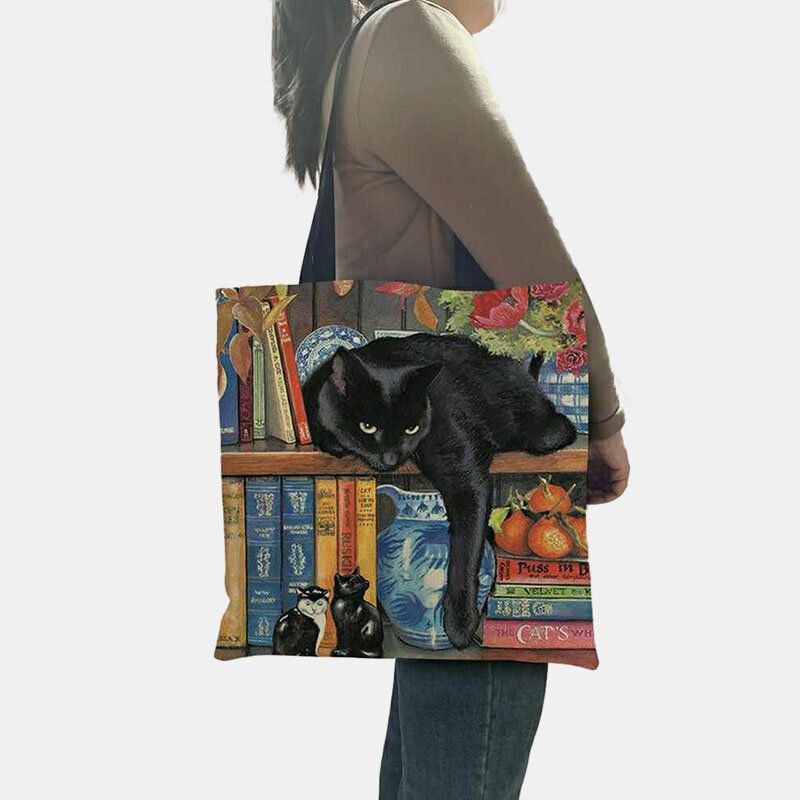 Frauen Filz Süße Katze Bücherregal Literarische Werke Muster Umhängetasche Handtasche Tote