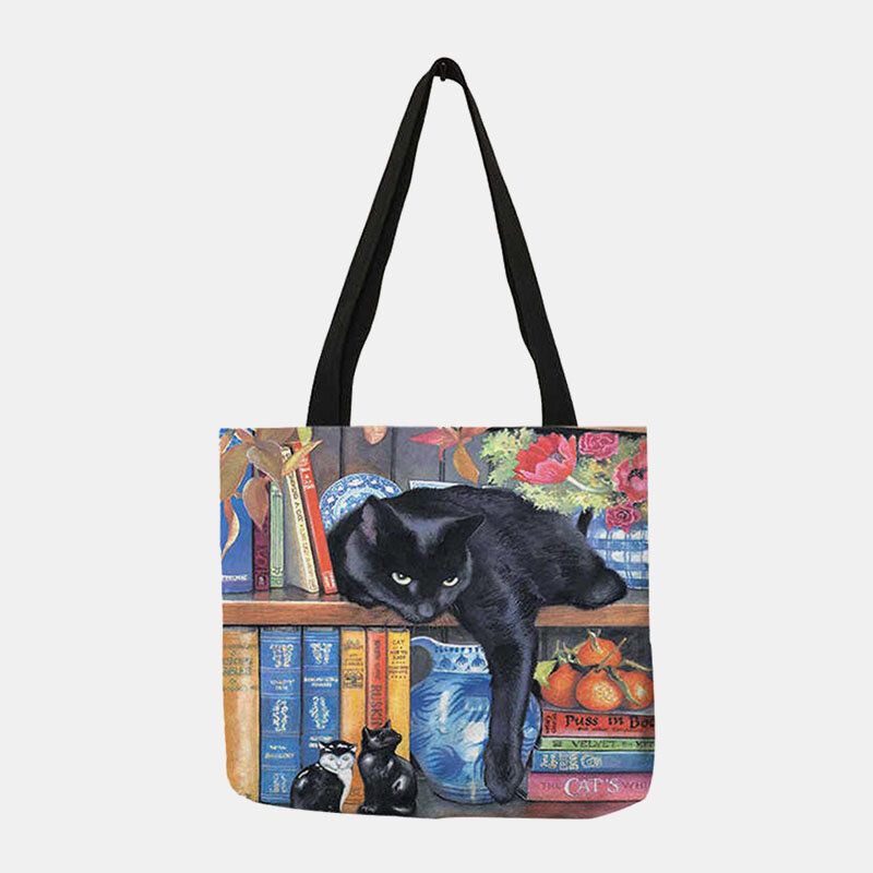 Frauen Filz Süße Katze Bücherregal Literarische Werke Muster Umhängetasche Handtasche Tote