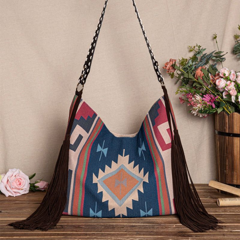 Frauen Filz Vintage Geometrie Muster Große Kapazität Umhängetasche Tote Handtasche Mit Quaste