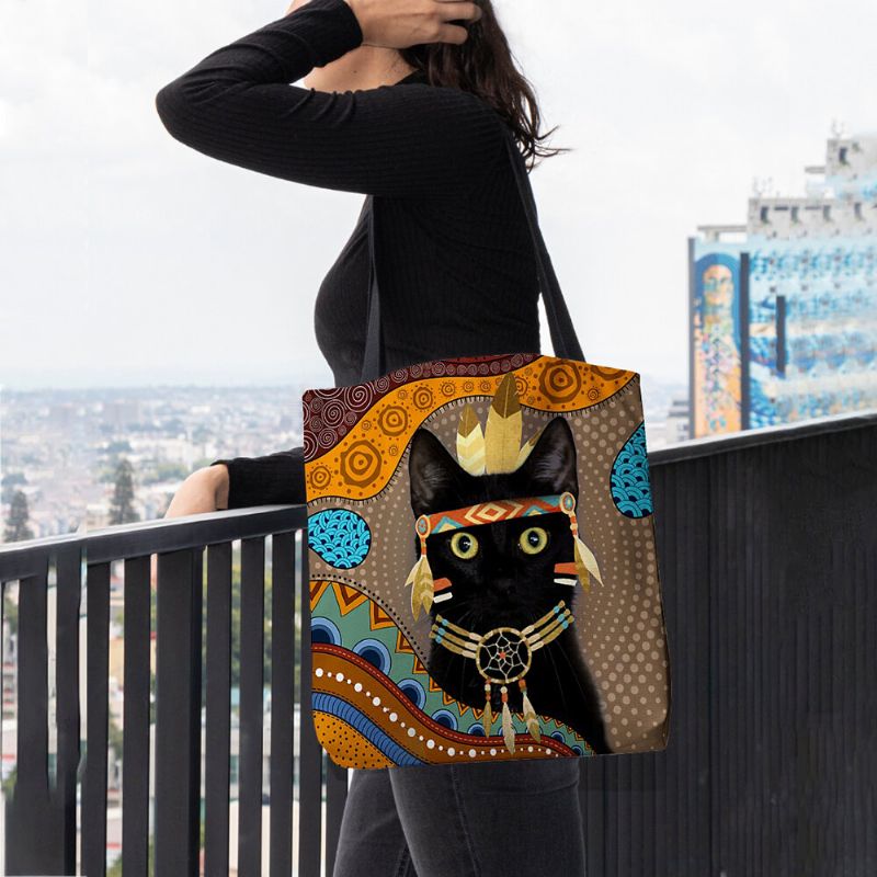 Frauen Fühlte Niedlichen Cartoon Ägyptischen Gekleidet Schwarze Katze Muster Umhängetasche Handtasche Tote