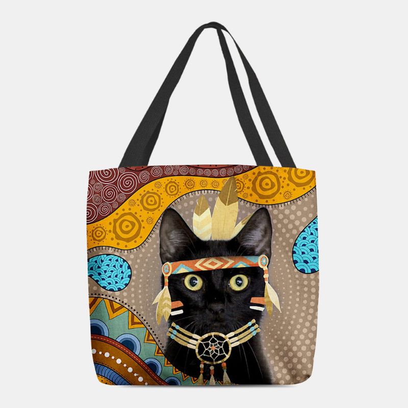 Frauen Fühlte Niedlichen Cartoon Ägyptischen Gekleidet Schwarze Katze Muster Umhängetasche Handtasche Tote