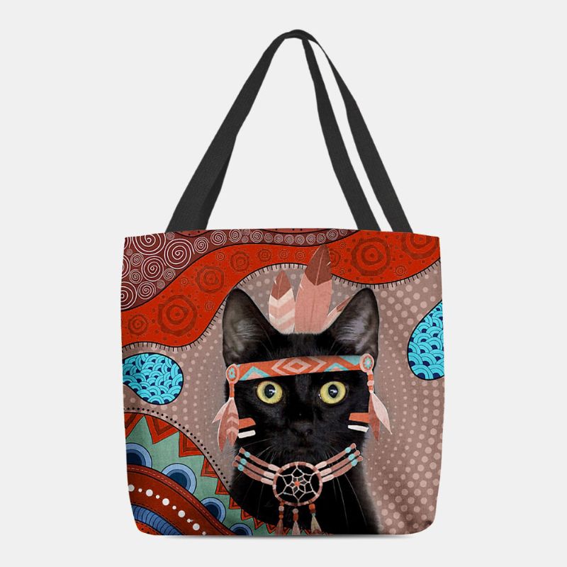 Frauen Fühlte Niedlichen Cartoon Ägyptischen Gekleidet Schwarze Katze Muster Umhängetasche Handtasche Tote