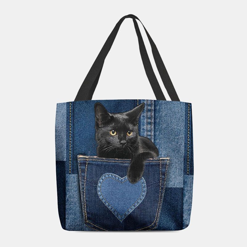 Frauen Fühlten Nette Dreidimensionale Schwarze Katze 3d Innerhalb Jeans-muster-schulter-beutel-handtaschen-tote