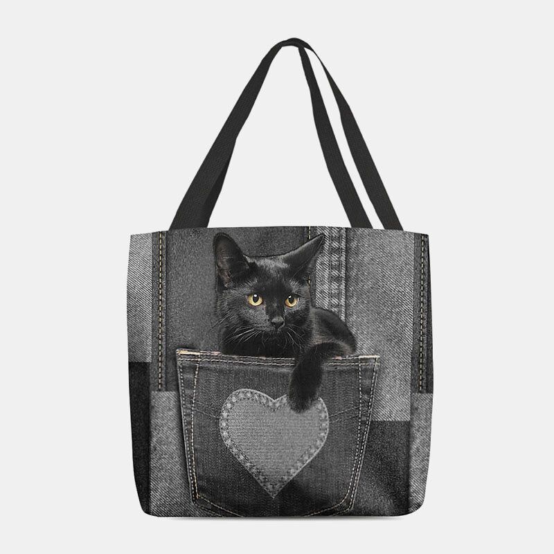 Frauen Fühlten Nette Dreidimensionale Schwarze Katze 3d Innerhalb Jeans-muster-schulter-beutel-handtaschen-tote